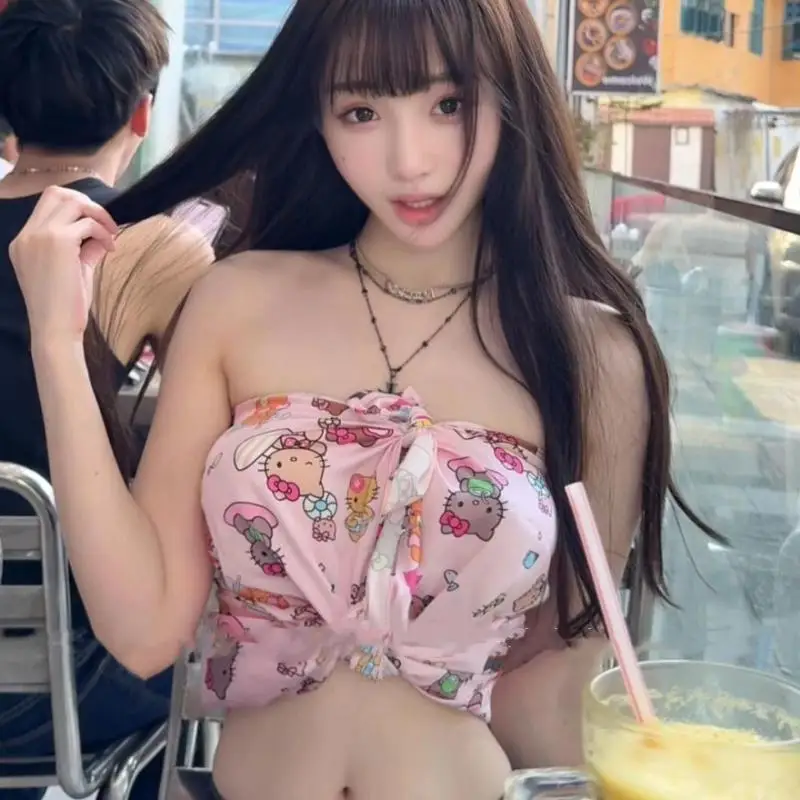 سانريو كيتي الحبيب المرأة أنبوب القمم الرغبة النقية الكرتون مثير طباعة خارج الكتف شاطئ البحر الصيف الساخن الفتيات الساتان الاتجاه