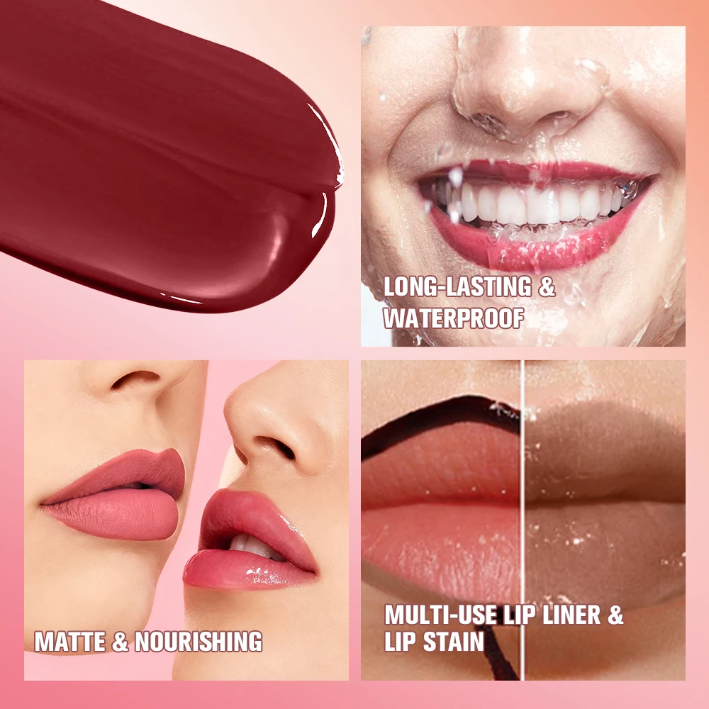 Delineador labial à prova d'água e brilho labial, cabeça dupla, fosco, nutritivo, à prova de manchas, maquiagem cosmética de longa duração