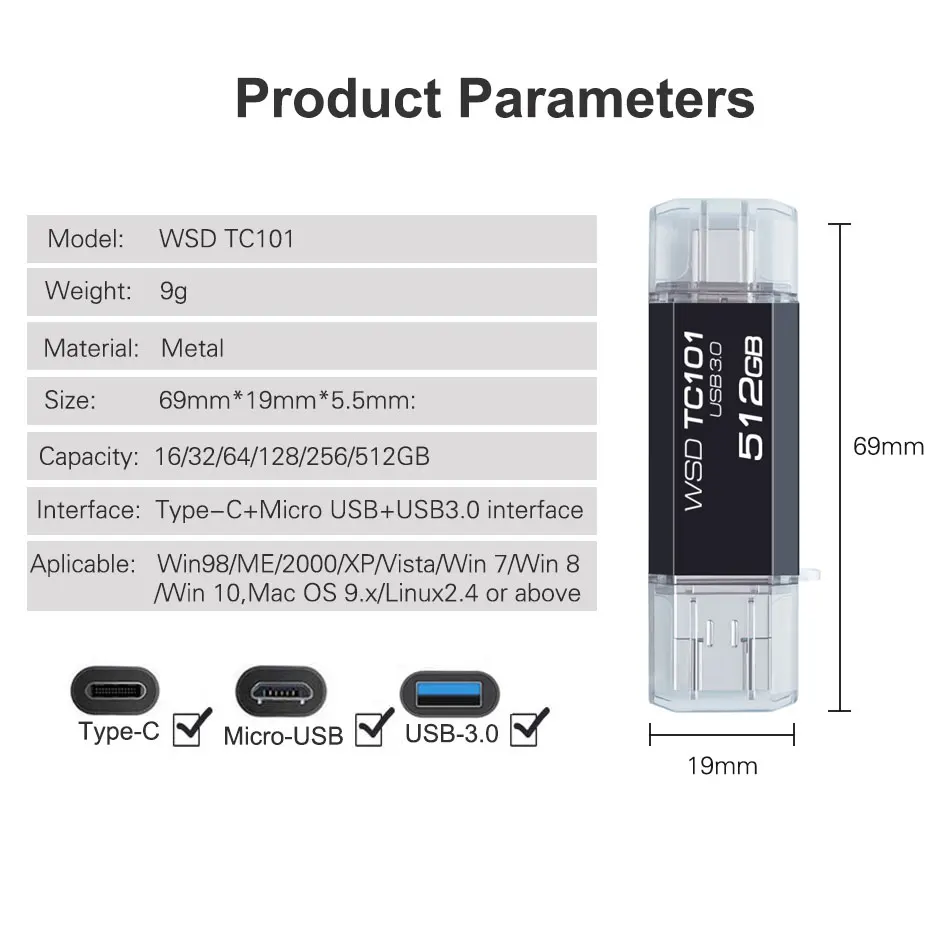 ต้นฉบับ WANSENDA OTG USB Flash Drive 3 in 1 USB3.0 & Type-C และ Micro USB Stick ไดรฟ์ปากกา 512GB 256GB 128GB 64GB 32GB Pendrives