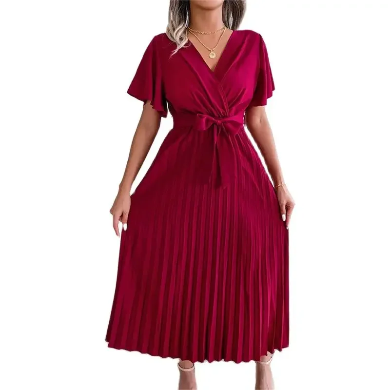 

Elegant Solid Color High Waist Lace-up Pleated Dresses Women Commuter Crossover V Neck Dress Female Party Gala Dinner Long Gown