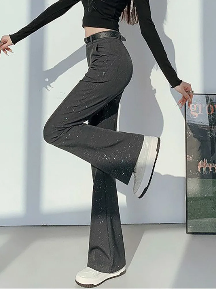 グリッターハイウエストスーツパンツ レディース カジュアル ワイドレッグ ブーツカットパンツ 韓国ファッション ストレートボタンパンツ カルカス