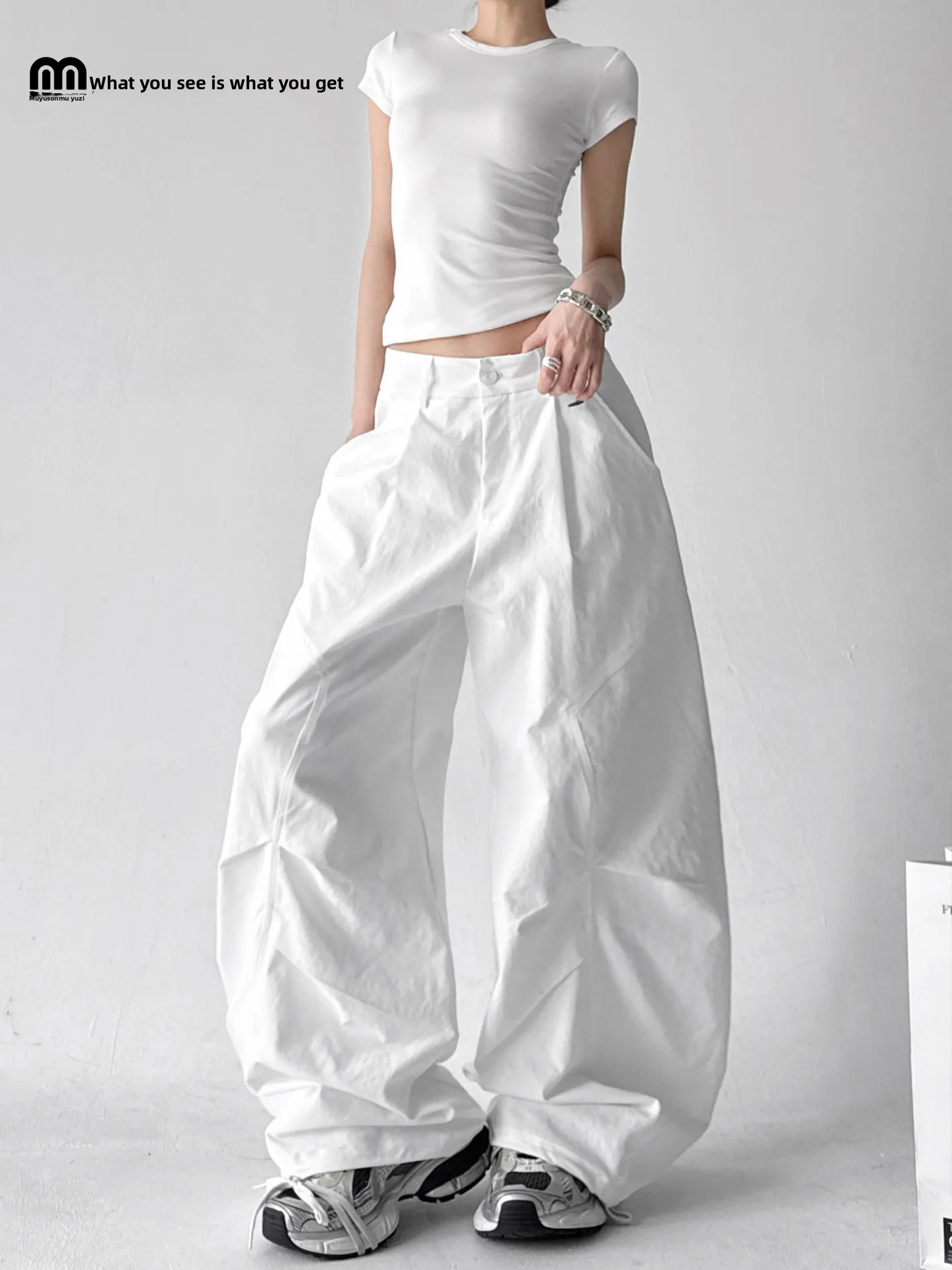 

Белые брюки с высокой талией и широкими штанинами для женщин, летние, тонкие, с эффектом премиум-класса, для уличных танцев, свободные, стройнящие, уникальные, для работы