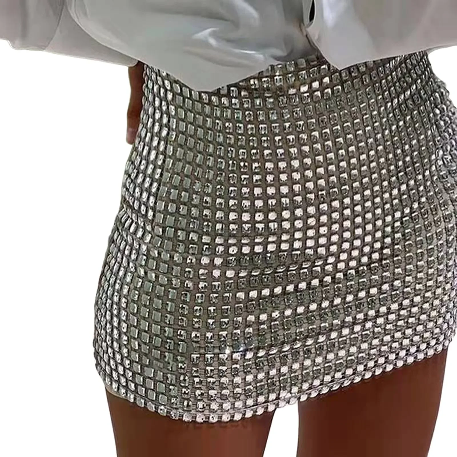 Spring New Fashion Women Solid Color Silver Sequin Stitching Casual Mesh Slim Bodycon Mini Skirt Sexy Club Outfits