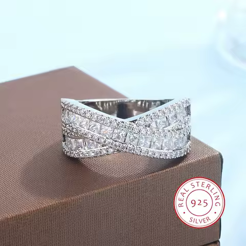 New S925 silver Geometric Intersection Ring For Women Wedding Engagement Christmas Present Fashion Jewelry Cute Wholesale