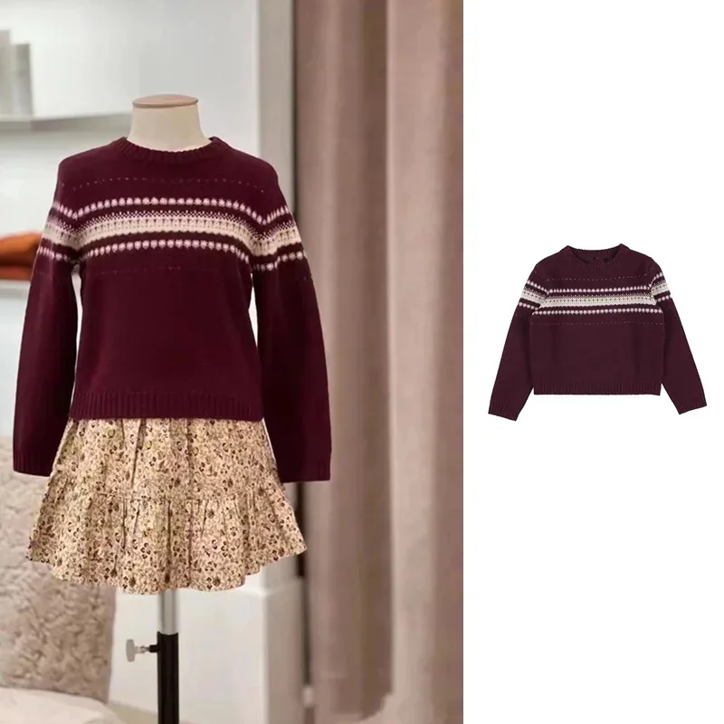

Children's Clothing Mother Kids Knitted 2025 Winter Long Sleeve Xmas Wool Knit Pullover Girl Boy Wine Red Hoodies Sweatshirts