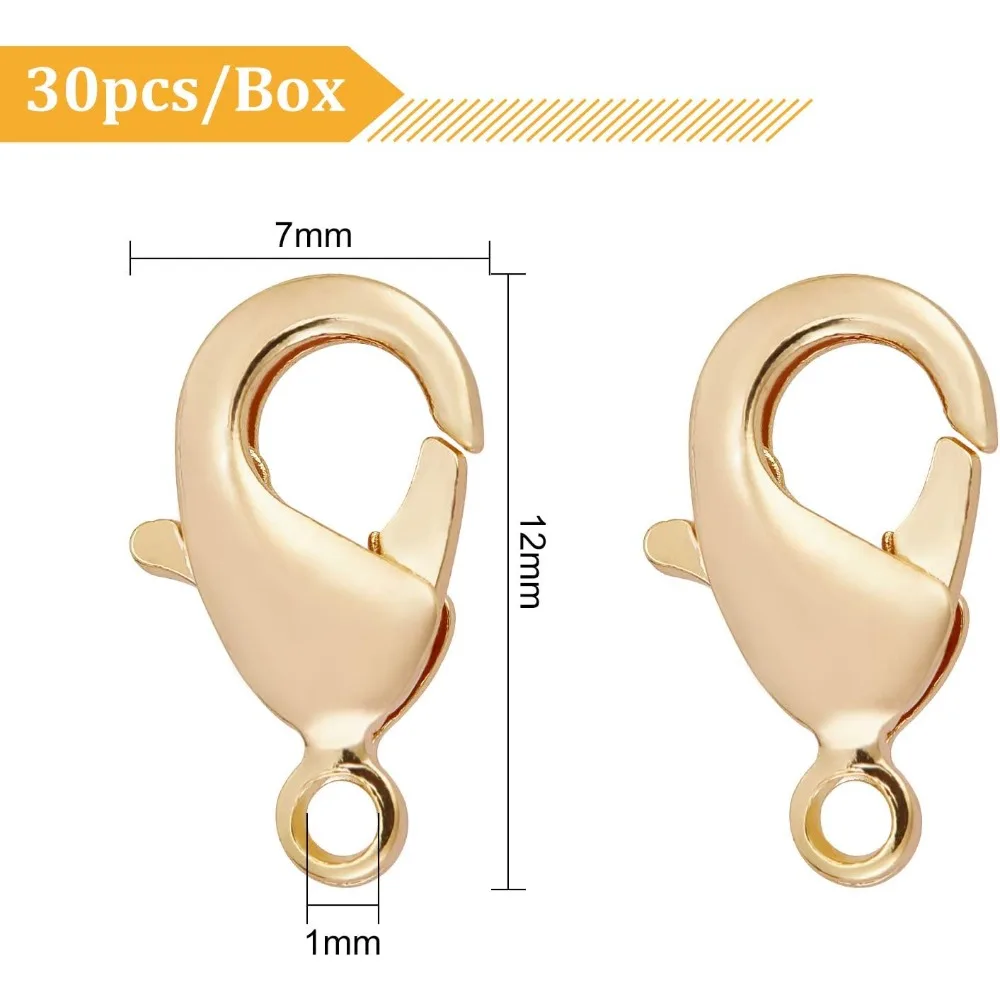 30PCS 18K Plated Lobster Clasps 12x7x2.5mm Brass Lobster Claw Clasps with Plastic Container for Jewellery Making Bracelet