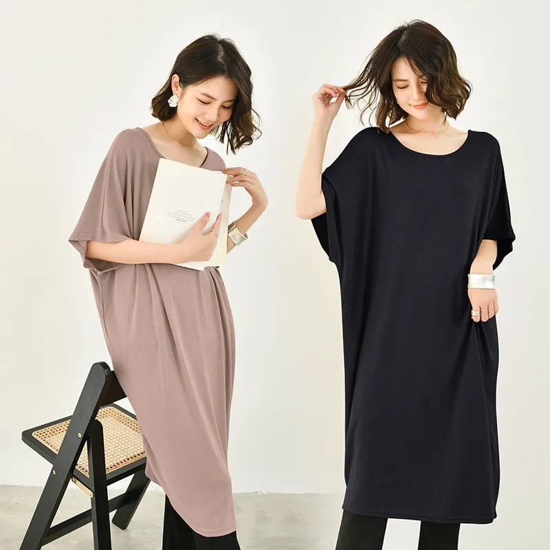 Summer Modal Loose Tee Dress O-neck Batwing Sleeveless Casual T-shirt dresses Solid color comfortable homedress