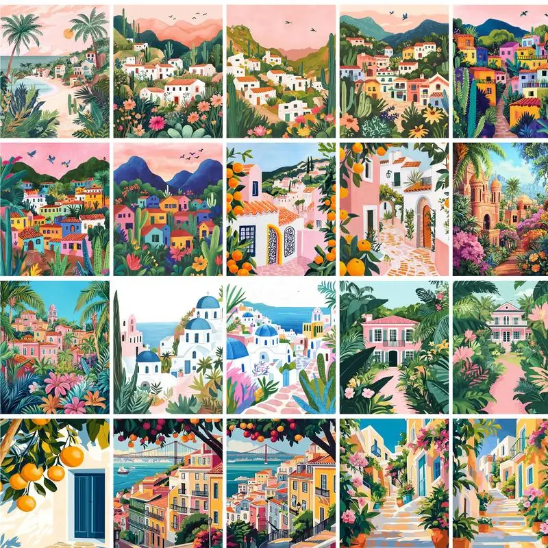 

GATYZTORY Pink Landscape Painting By Numbers For Adults DIY Kits HandPainted On Canvas With Framed Oil Picture Drawing Coloring