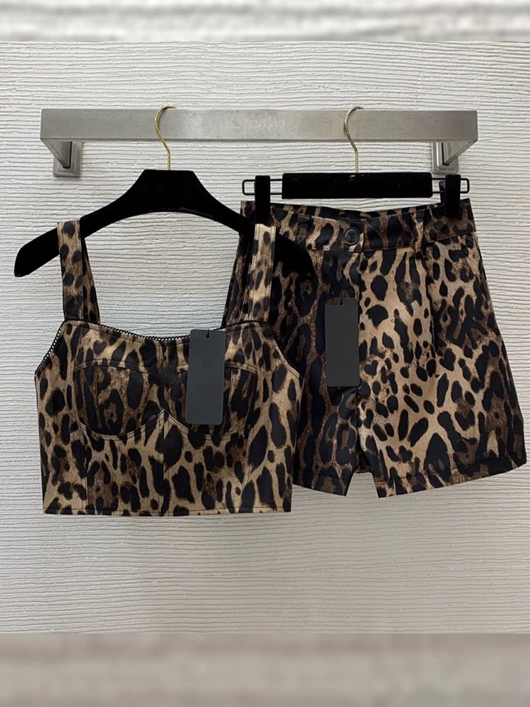 2025 summer new sexy cotton leopard print short tube top suspender+high waist wide leg shorts fashion two-piece women's suit