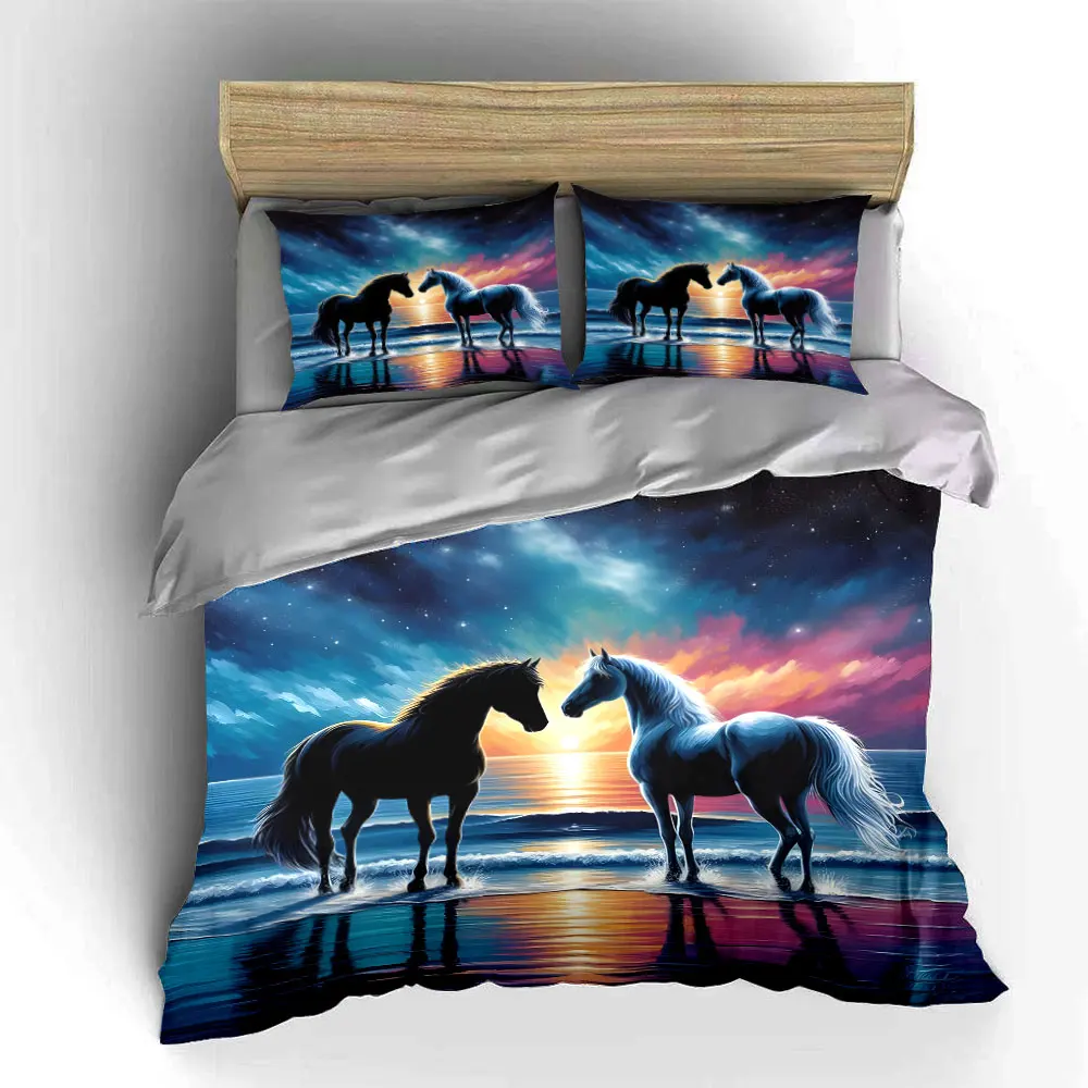 Two horses by sunset beach Printed Duvet Cover Set 1 Duvet Cover+2 Pillowcase Multi Size Bedroom Bedding Decor Luxury gifts 5