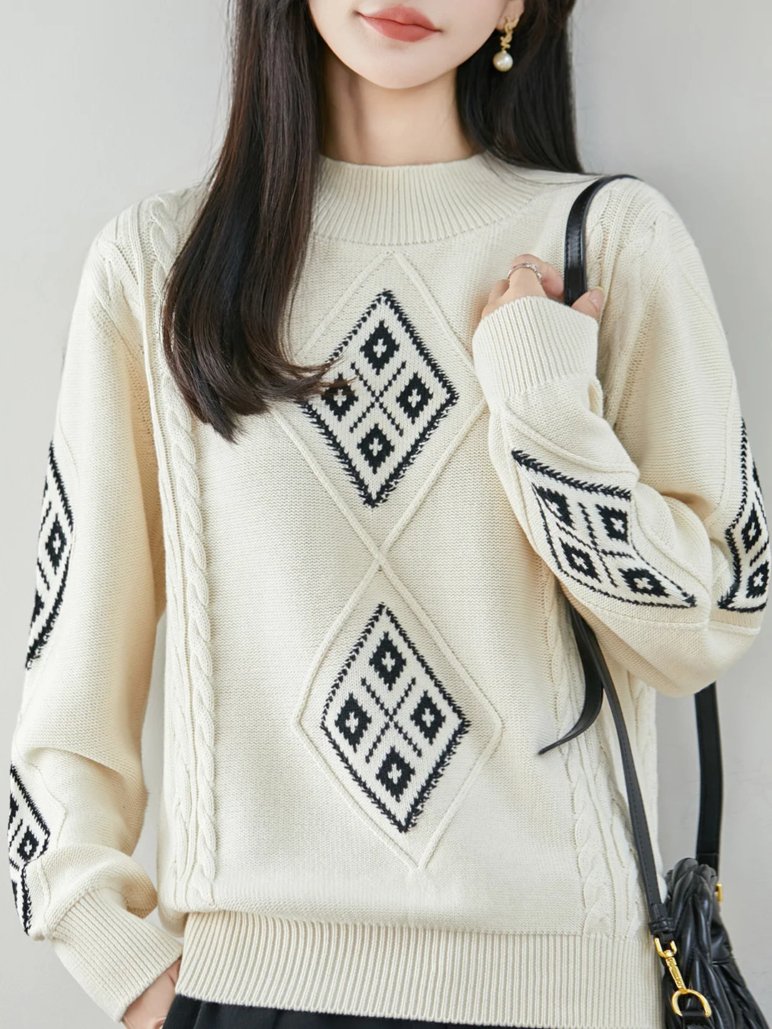 Retro Geometric Pattern Knitted Pure Cotton Sweater Women's round Neck Pullover Thick Warm High-End Base Shirt New