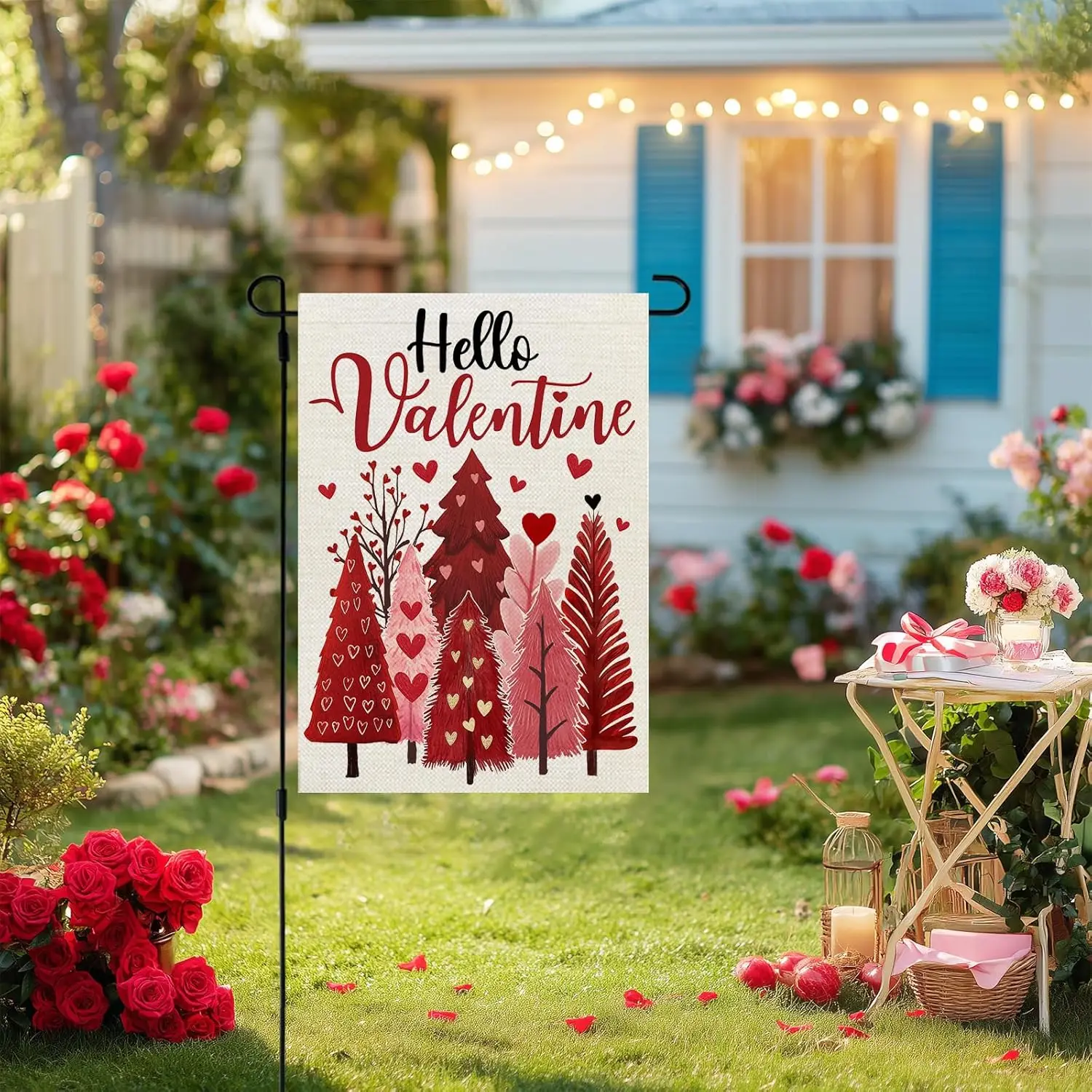 CROWNED BEAUTY Valentines Day Garden Flag Heart 12x18 Inch Double Sided Red Trees Welcome Decoration for Outside Yard CF1923 jjp