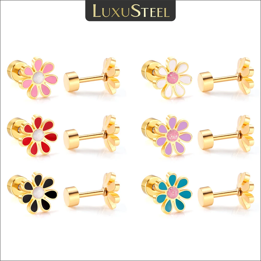 

LUXUSTEEL 12 Pairs/Lot Stainless Steel Stud Earrings For Women Girls Crystal CZ Flower Heart Colorful Cute Ear Jewelry Wholesale