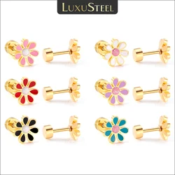 LUXUSTEEL 12 Pairs/Lot Stainless Steel Stud Earrings For Women Crystal CZ Flower Heart Colorful Cute Ear Jewelry Wholesale