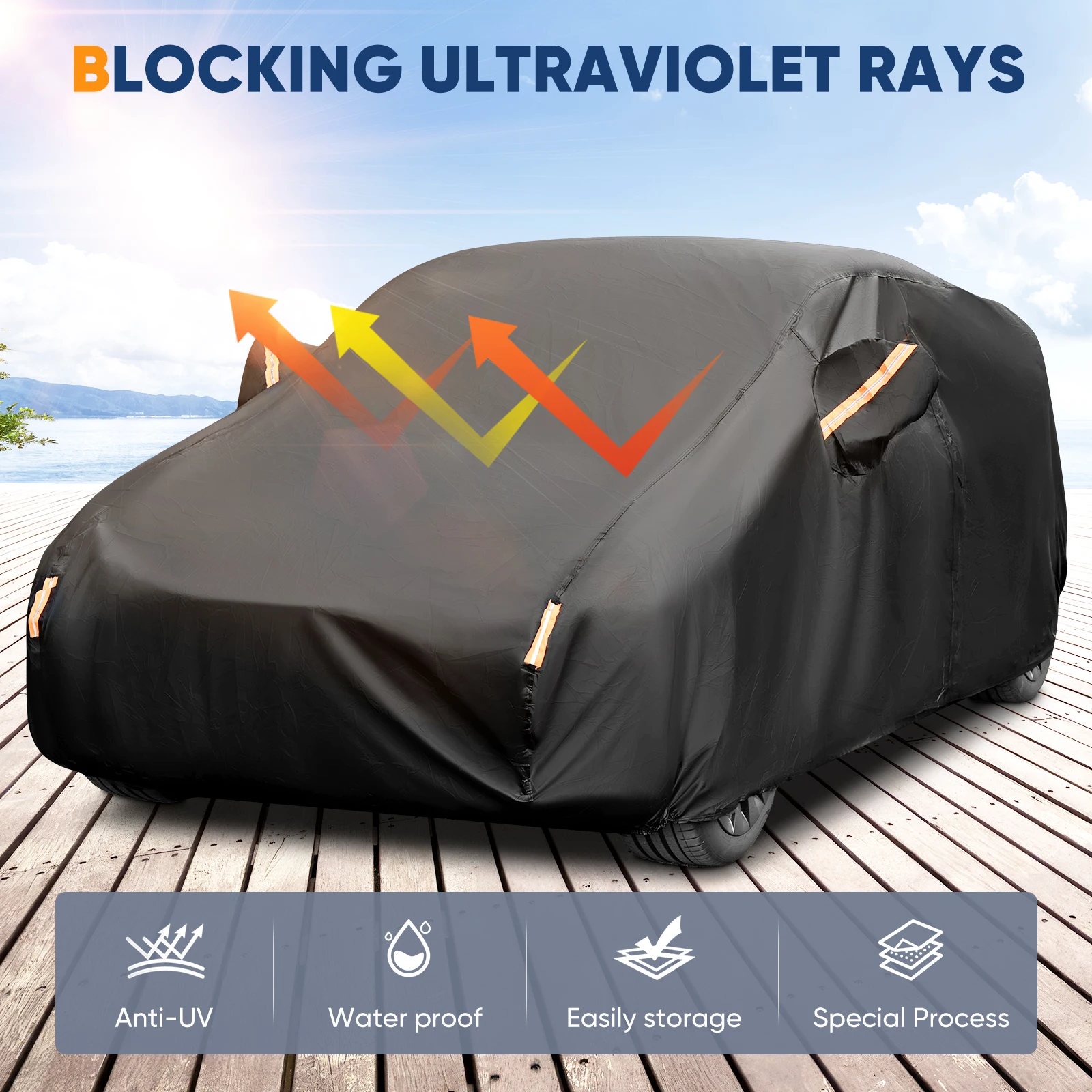Housse de protection complète pour voiture, noire, pare-soleil, anti-poussière, avec bandes réfléchissantes, universelle pour berline, SUV