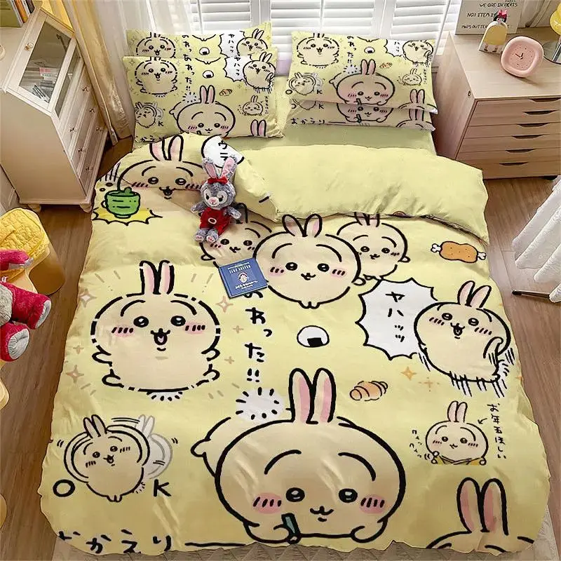 Twin Size Bedding Set Chiikawa Usagi Washed Cotton Cartoon Printed Duvet Cover Sheet Pillowcase Dormitory Kawaii Anime Soft Gift