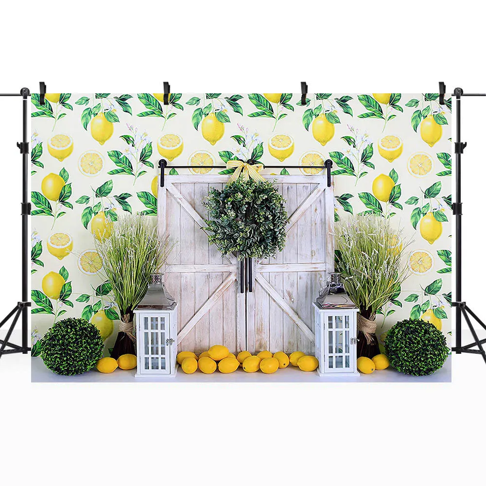 Mocsicka Lemon Theme Baby Cake Smash Photography Background Lemon Wall Wooden Door Newborn Backdrop Photocall Photo Studio Props