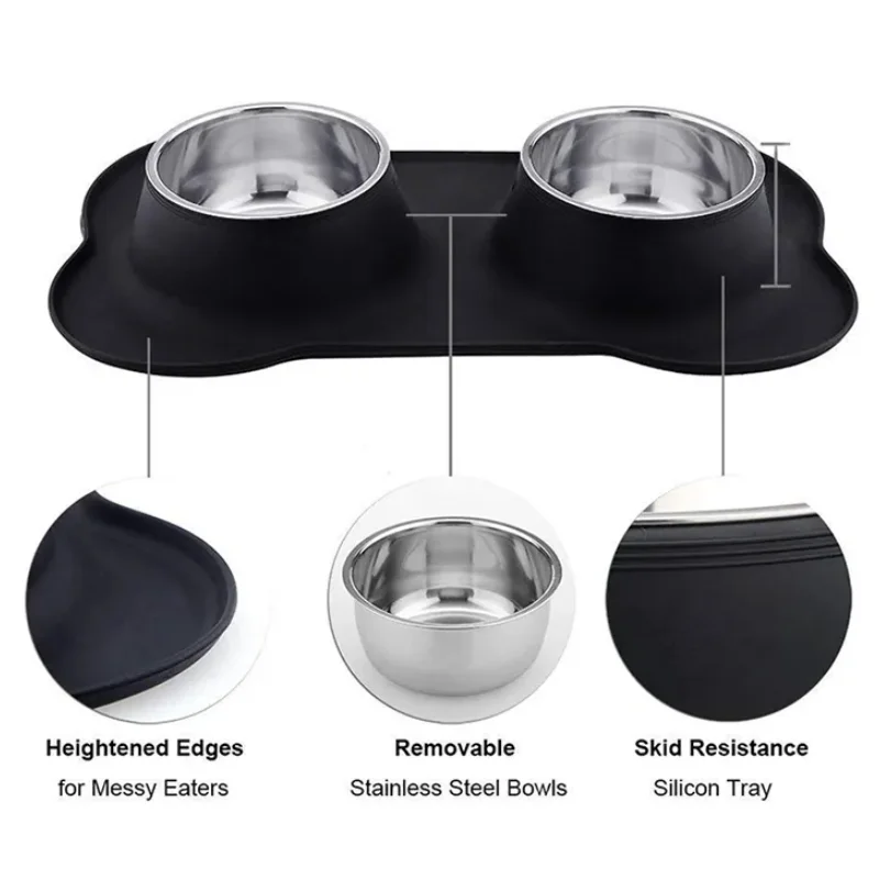 Anti-Slip Double Dog Bowl with Silicone Mat, Durable Stainless Steel, Water Food Feeder, Drinking Dish for Cats comedero perro