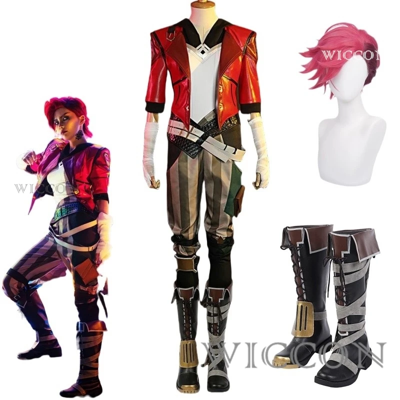 Vi Acrane Cosplay LOL Costume Game Arcane Vi Cosplay Wig Outfits Halloween Carnival Suit With Nose Ring Halloween Costume