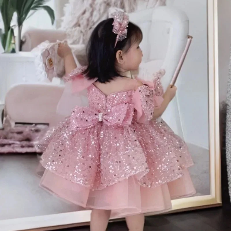 Kids Baby Princess Beading Tulle Bow Flower Girl Dresses First Communion Dresses Birthday Christmas Gift Wedding Party Birthday