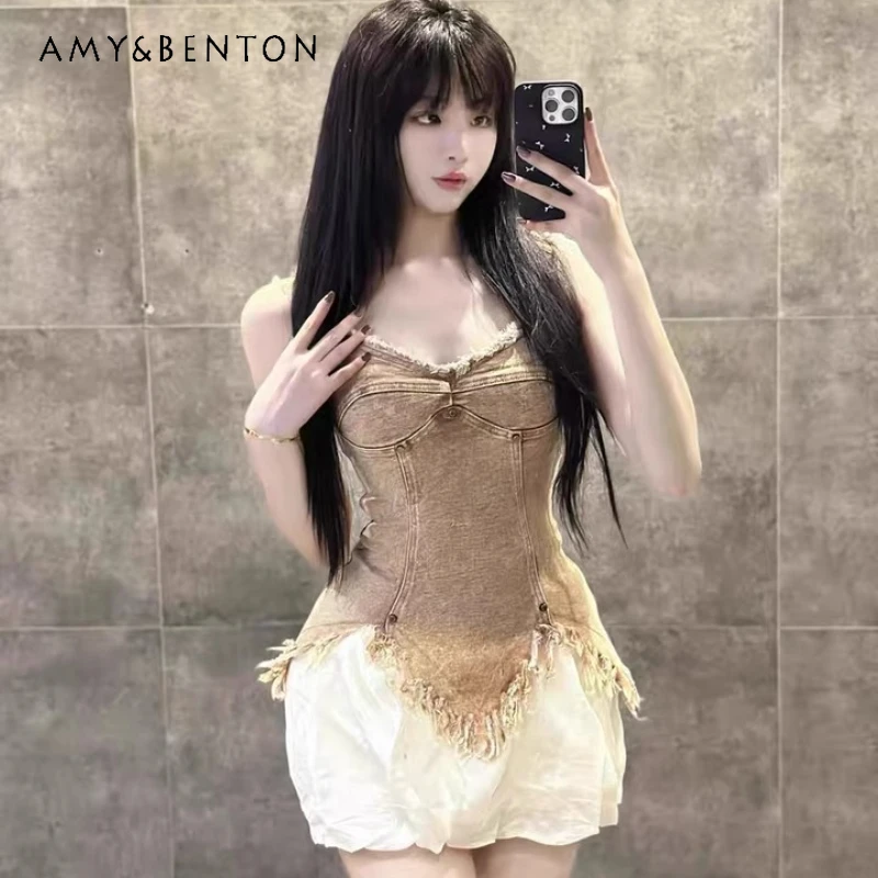 

European American Retro Hot Girl Hairy Edge Edge Denim Women's Sling Vest Summer Autumn Tassel Design Slimming Skirt Suit Ladies