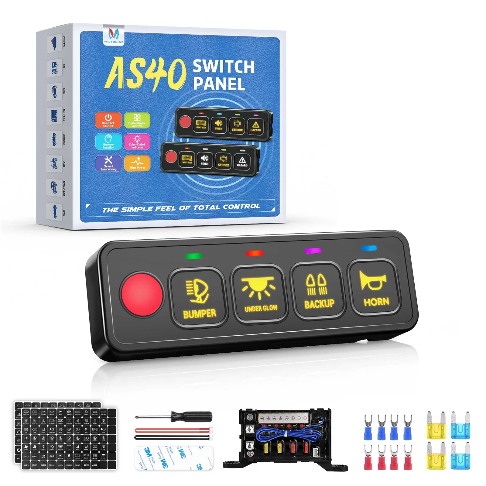 MICTUNING General AS-40 4 Gang Switch Panel, Multifunction Toggle Momentary Strobe Circuit Control Relay System Box for Truck