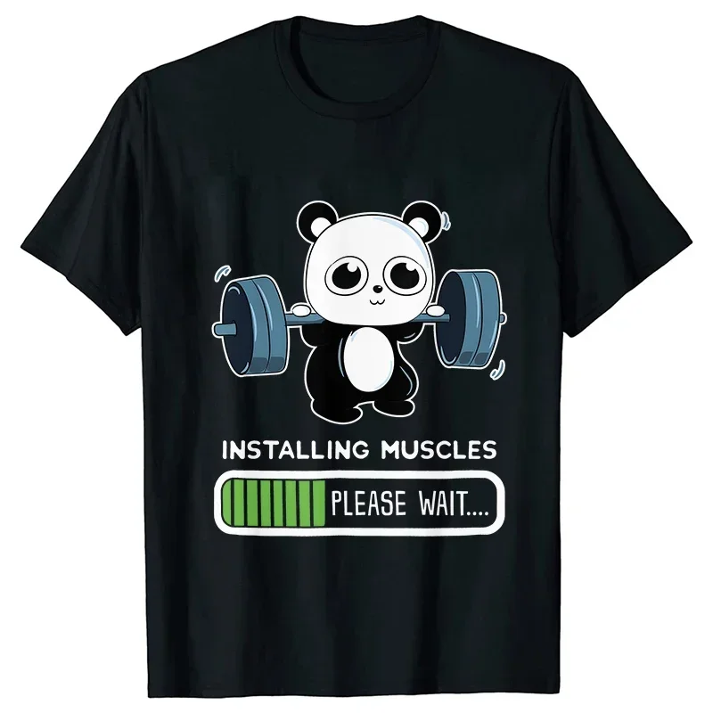 Funny Panda Gym Print T-Shirt Summer Tees for Women O-neck Casual Short Sleeve Weightlifting Installing Muscles Summer Tee Tops