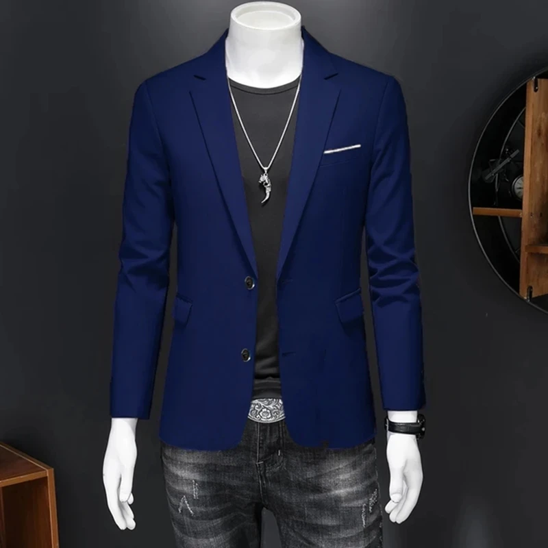 

2024 New Fashion Solid Color Casual Men Stretch Fabric Double Slit Blazer Blue Business Dress Suit Jacket Coat Plus Size M-6XL