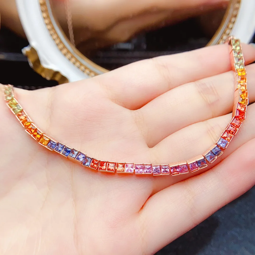Natural Multi Color Sapphire Tennis Bracelet 2.5\*2.5mm Square Stone Rose Gold Plated S925 Silver Women Rainbow Gem Bracelet