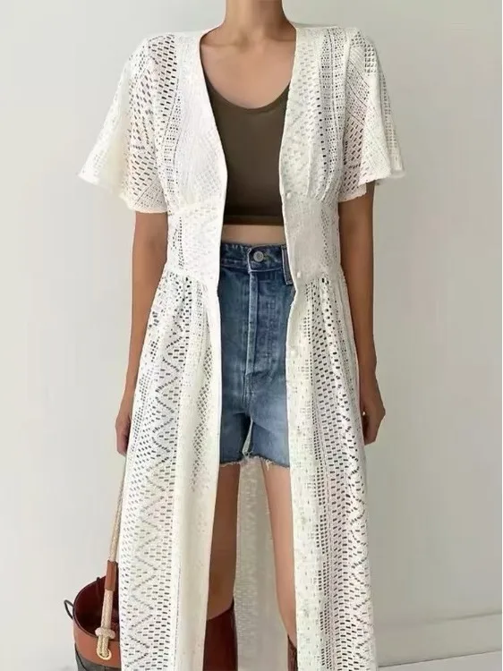 

Elegant Lace Hollow out Long Cardigan plus Size Women's Outerwear Layering Shirt Summer Commute Casual Pear Body Type
