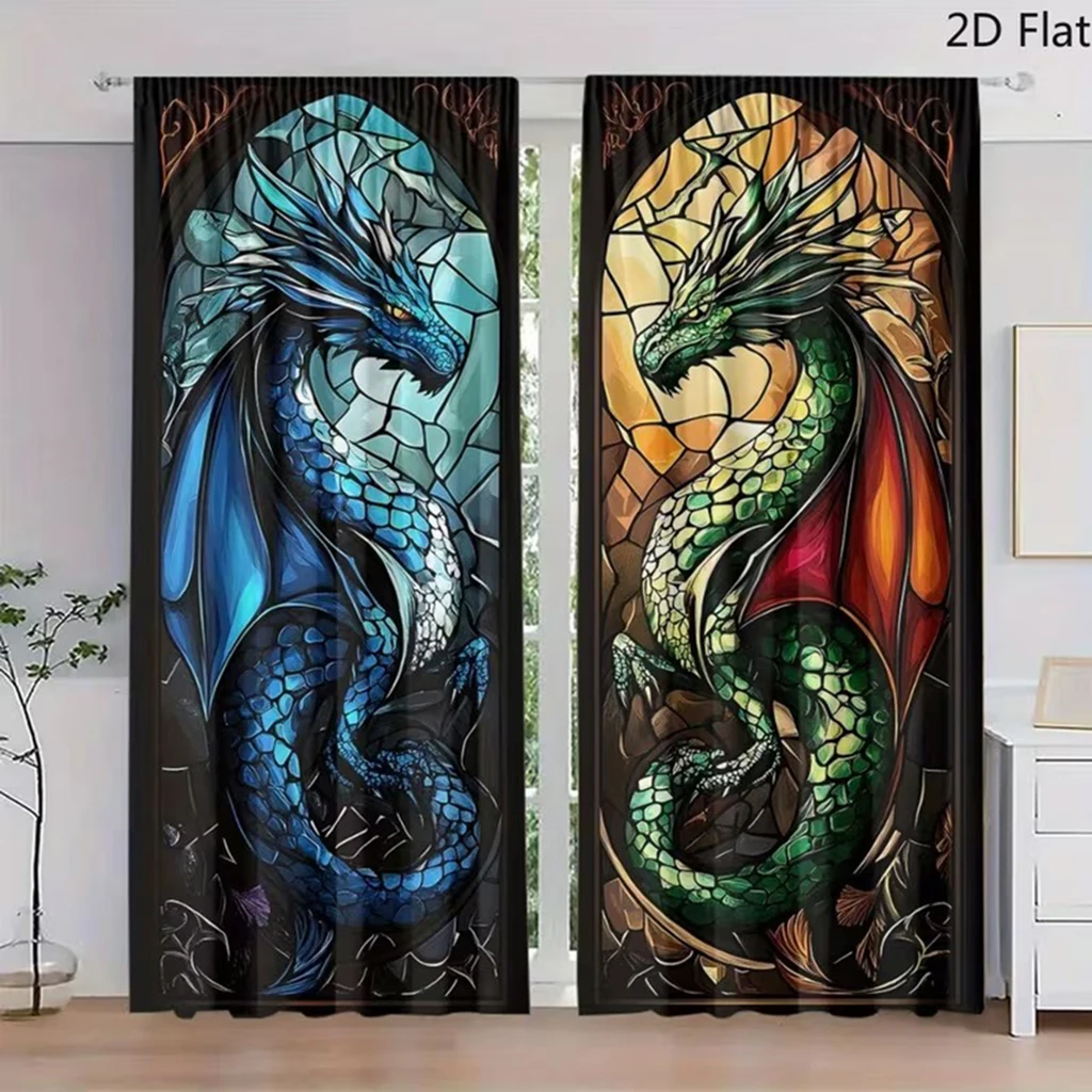 2 Pieces Polyester High-Definition Digital Printed Dragon Pattern Curtains for Bedroom Living Room Office