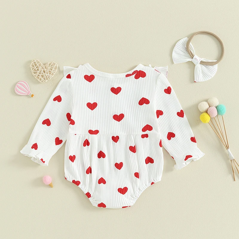 Tregren 0-18M Infant Newborn Baby Girls Ruffle Romper Cute Heart Print Long Sleeve Button Jumpsuit with Headband Spring Bodysuit