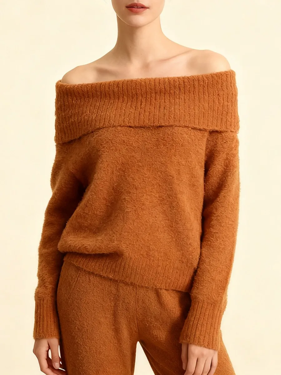 TWOTWINSTYLE Solide Einfache Gestrickte Pullover für Frauen Slash Neck Langarm Schlank Sexy Temperament Pullover Weibliche Winter Kleidung