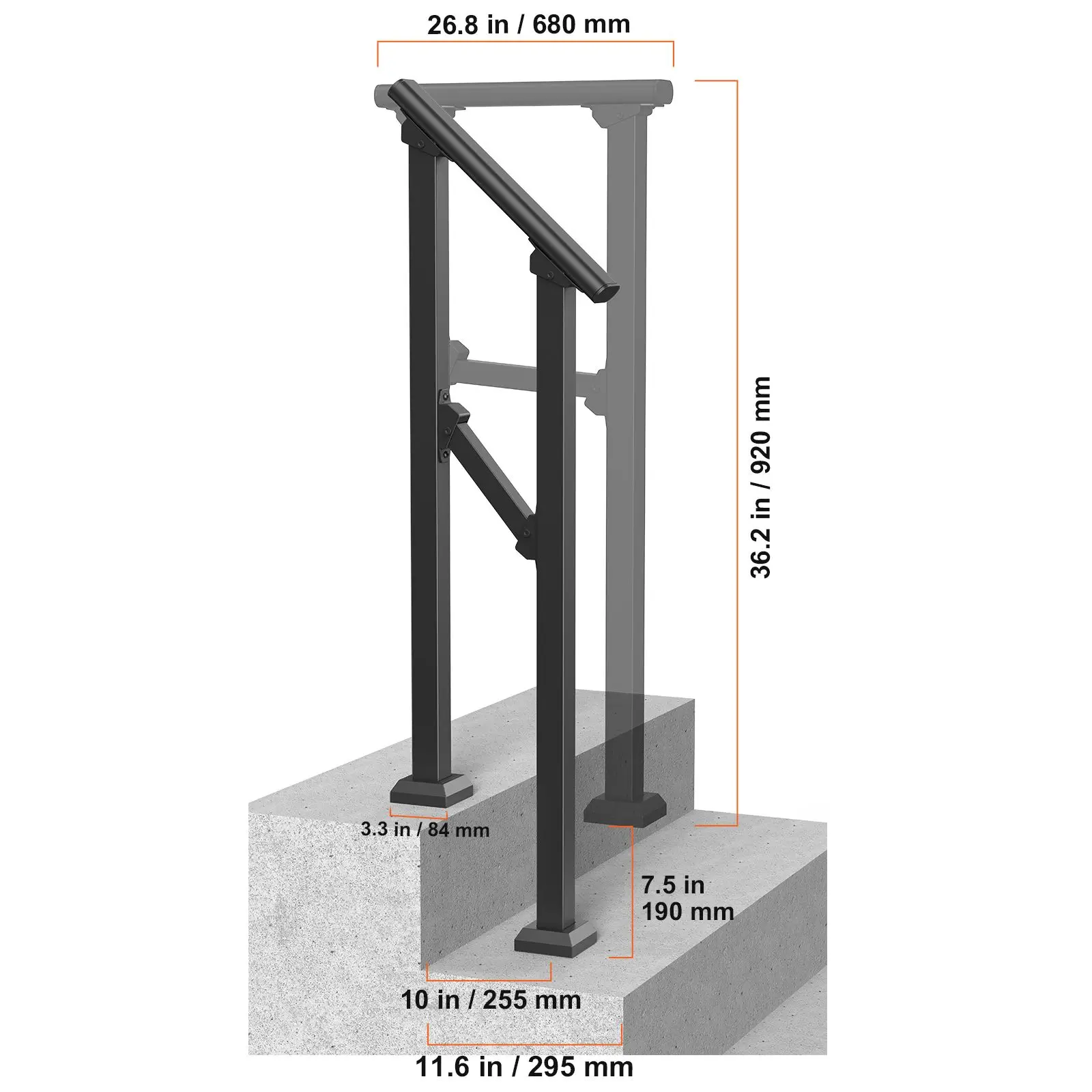 Handrails for Outdoor Steps, 1-2 Stair Hand Rail Kit, Transitional Carbon Steel Railings with Installation, Seniors, Concrete