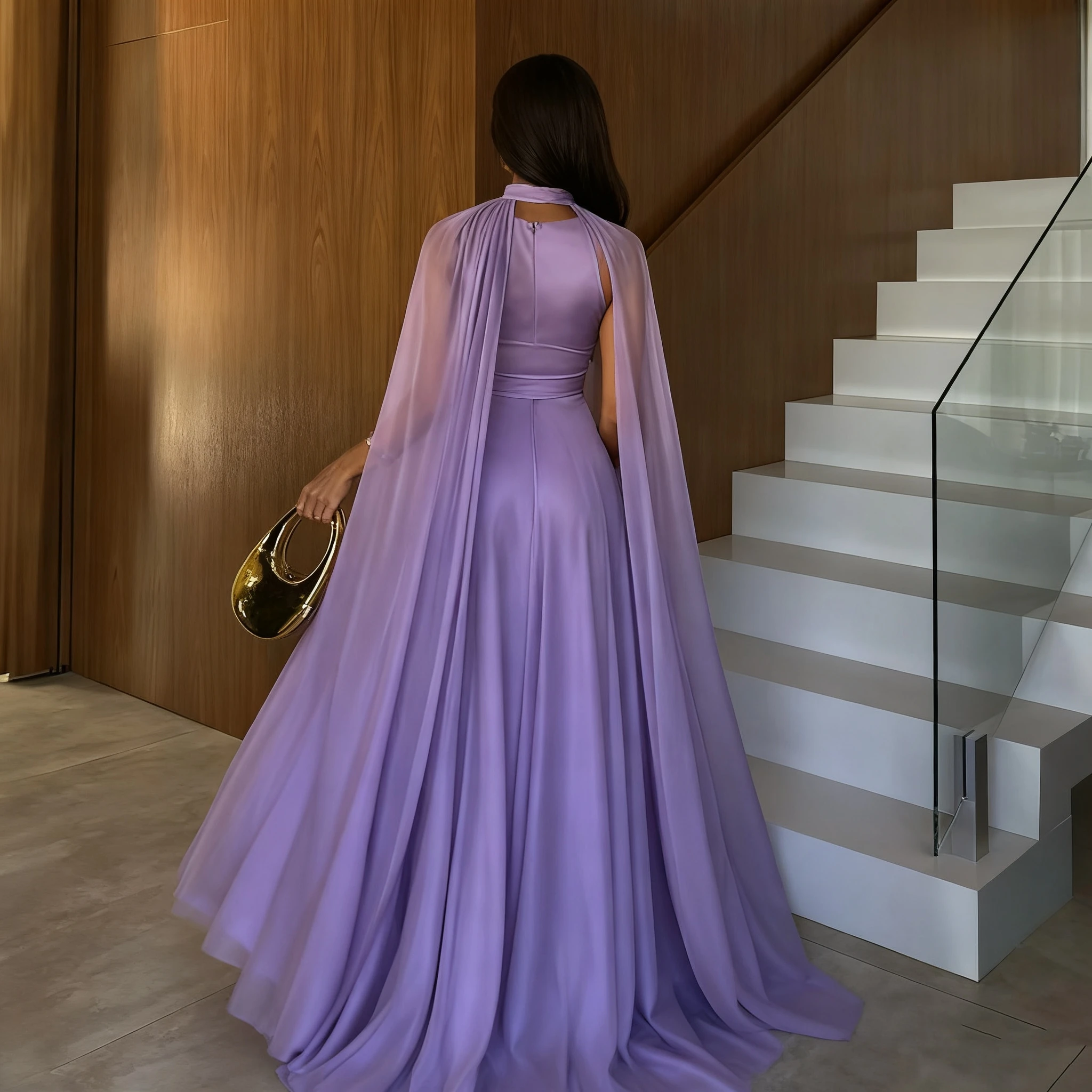 فساتين حفلات عربية سعودية مثيرة حسب الطلب بسيطة على شكل حرف a أرجواني للحفلات الراقصة على شكل حرف v ثنيات بدون أكمام بطول الأرض #3