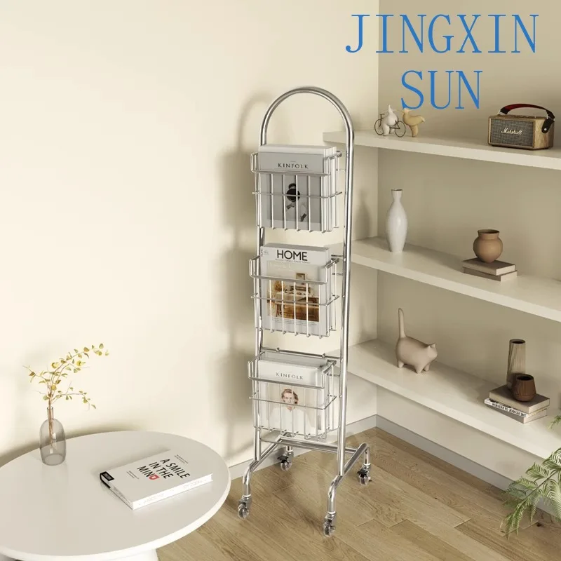 Light Luxury Floor-standing Bookshelf Magazine Rack Multilayer Storage Display Rack Retro Home Book Racks Mobile Newspaper Racks