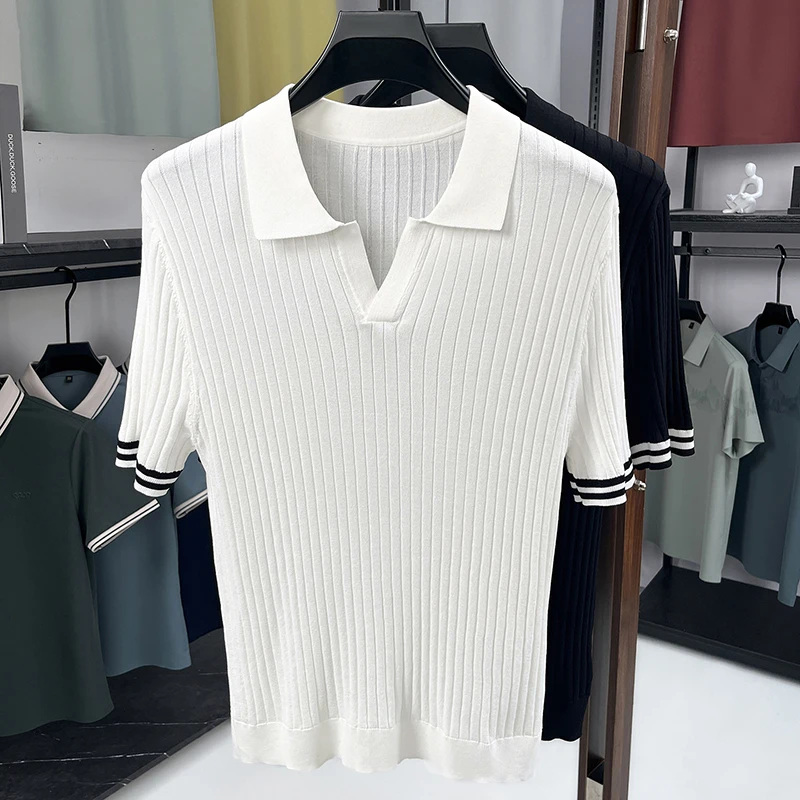 Viscose Polyamide Blend Men's Polo Shirts Short Sleeve Stretchy Summer Quality Knitwear Soft Comfortable Striped Polos De Hombre