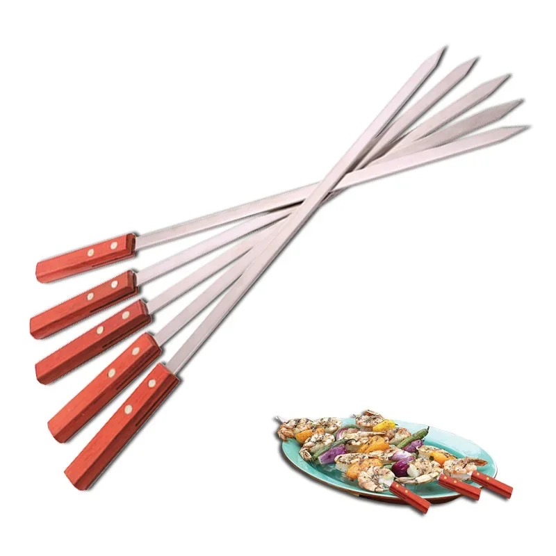 Barbecue Skewers Stainless Steel Fork Flat Shish Kebab BBQ Needle Grills  Sticks Turkish Long Wood Skewer Panic Tools