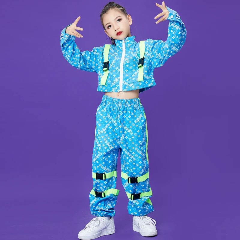 Tops Broek Jongens Concert Podium Kleding Hiphop Dance Kostuum Kids Street Wear Blauwe Lange Mouwen Meisjes Crop