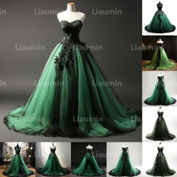 New Green Tulle And Black Strapless Evening Dress Prom Gowns A Line Full Length Formal Brithday Party Occasion Lace Up Back A2-2