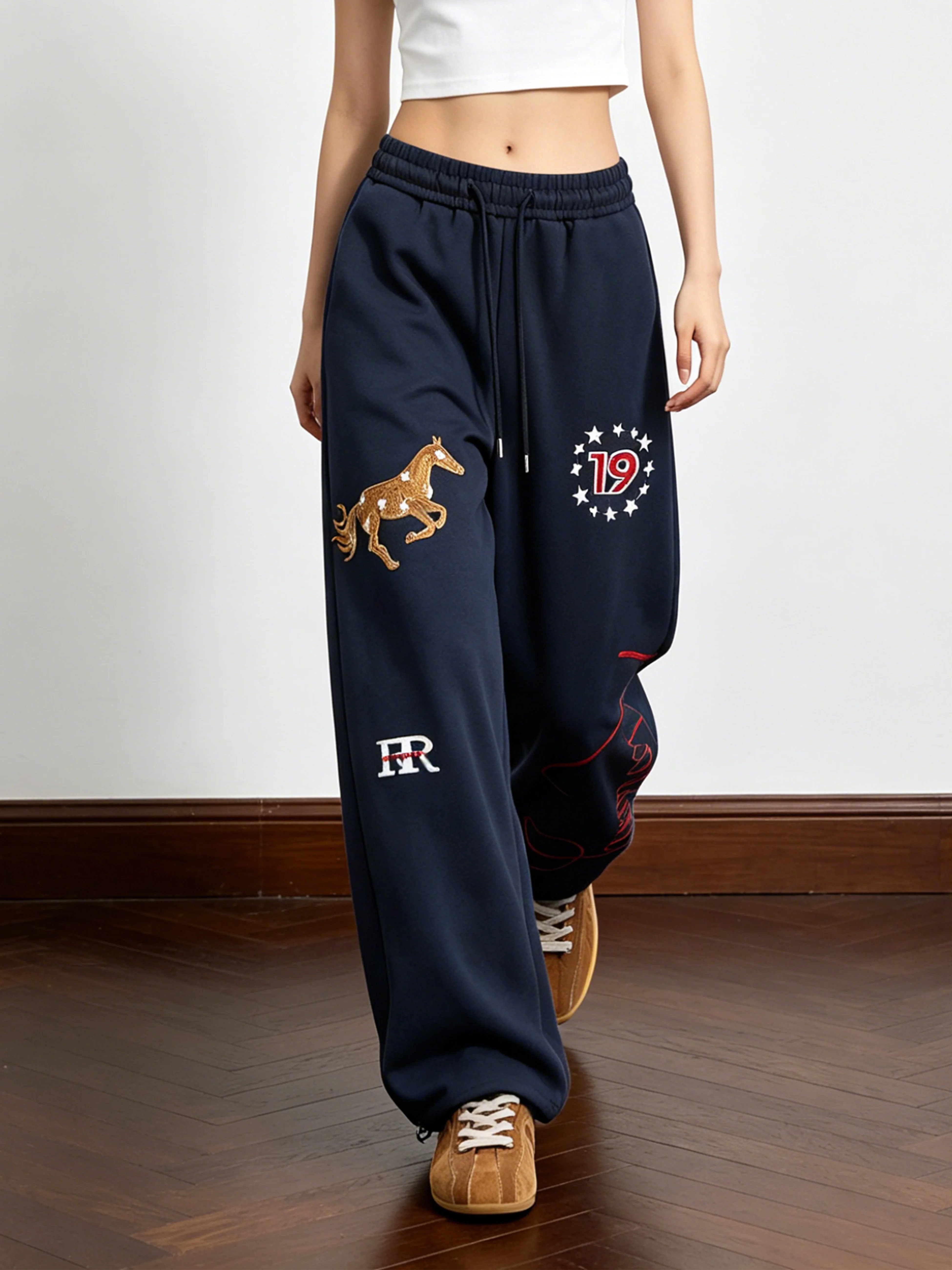 Retro American Embroidered Casual Sweatpants Women's Neutral Drawstring Wide Leg Trousers Trendy Loose Fit Straight Tube Pants