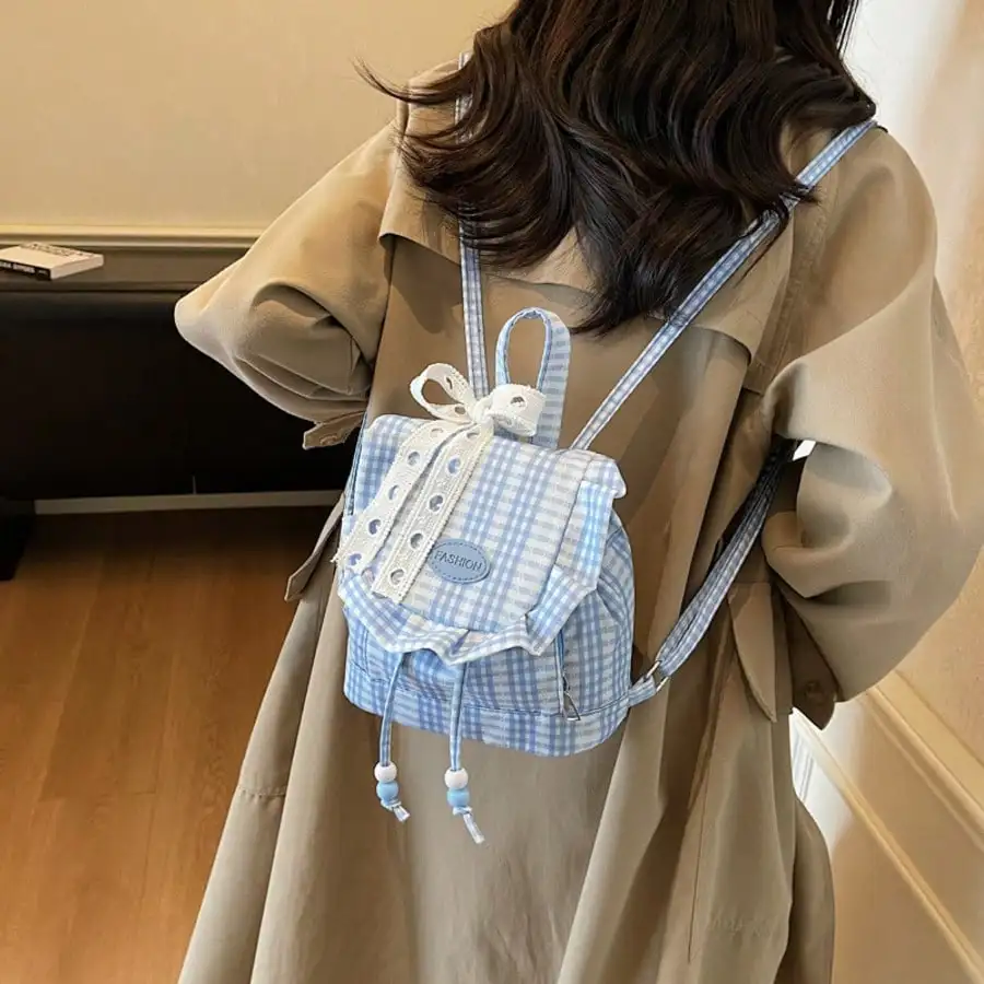 Blue White Plaid Backpack for Women, Preppy Lace Bow Lightweight Bag with Free Cheese Keychains for School Travel Daily Use