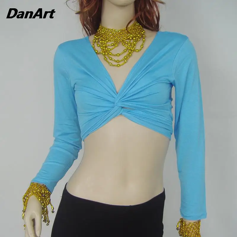 Tops de algodão feminino com dança do ventre, top manga comprida, terno de prática, atadura indiana, bandagem elegante