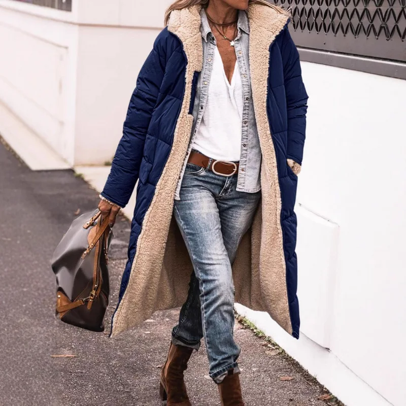 Roupas de algodão feminino europeu americano multi-cor multi-tamanho com capuz dupla face usar commuter casual casaco estendido