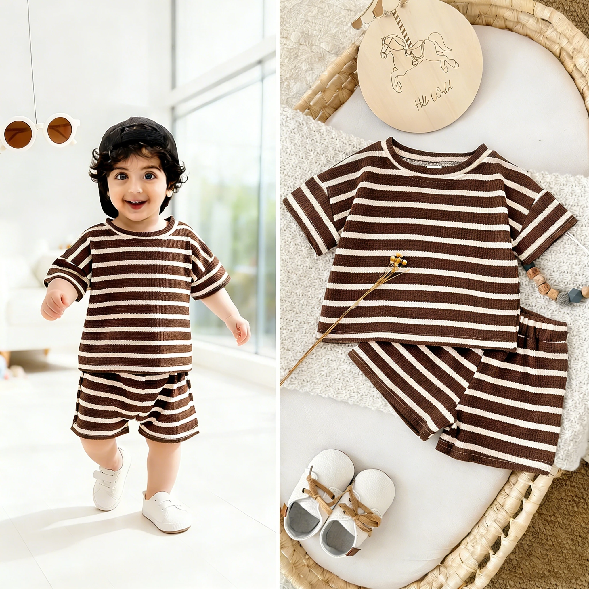 0-3 year old baby boy Brown clothes set summer solid color striped casual children's short sleeves + fashionable handsome shorts