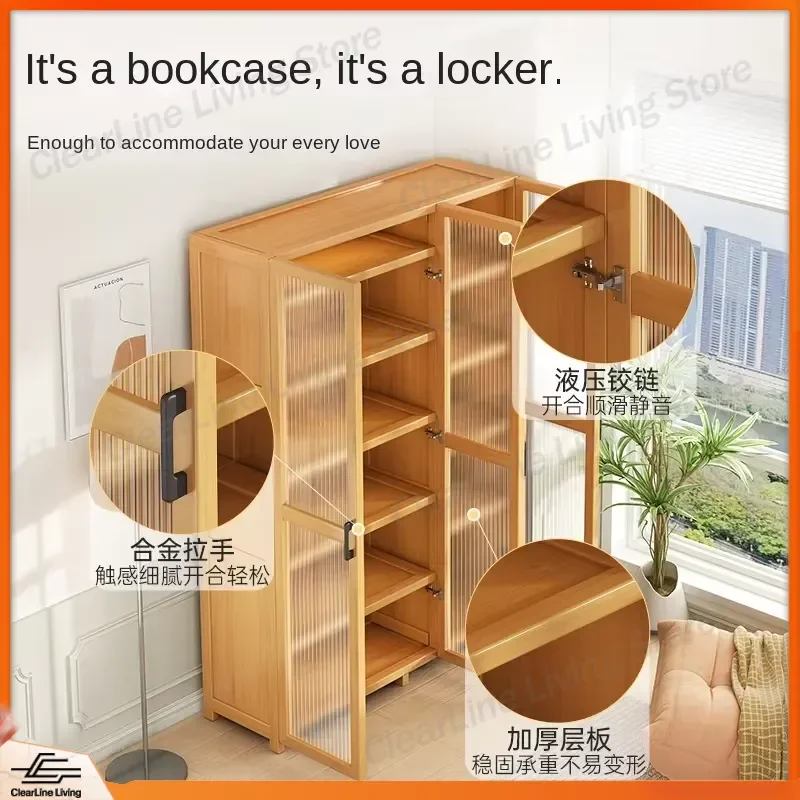 Solid Wood Bookcase Multi Layer Storage Shelf Translucent Door Dust Proof Cabinet Economical Home Student Organizer Furniture