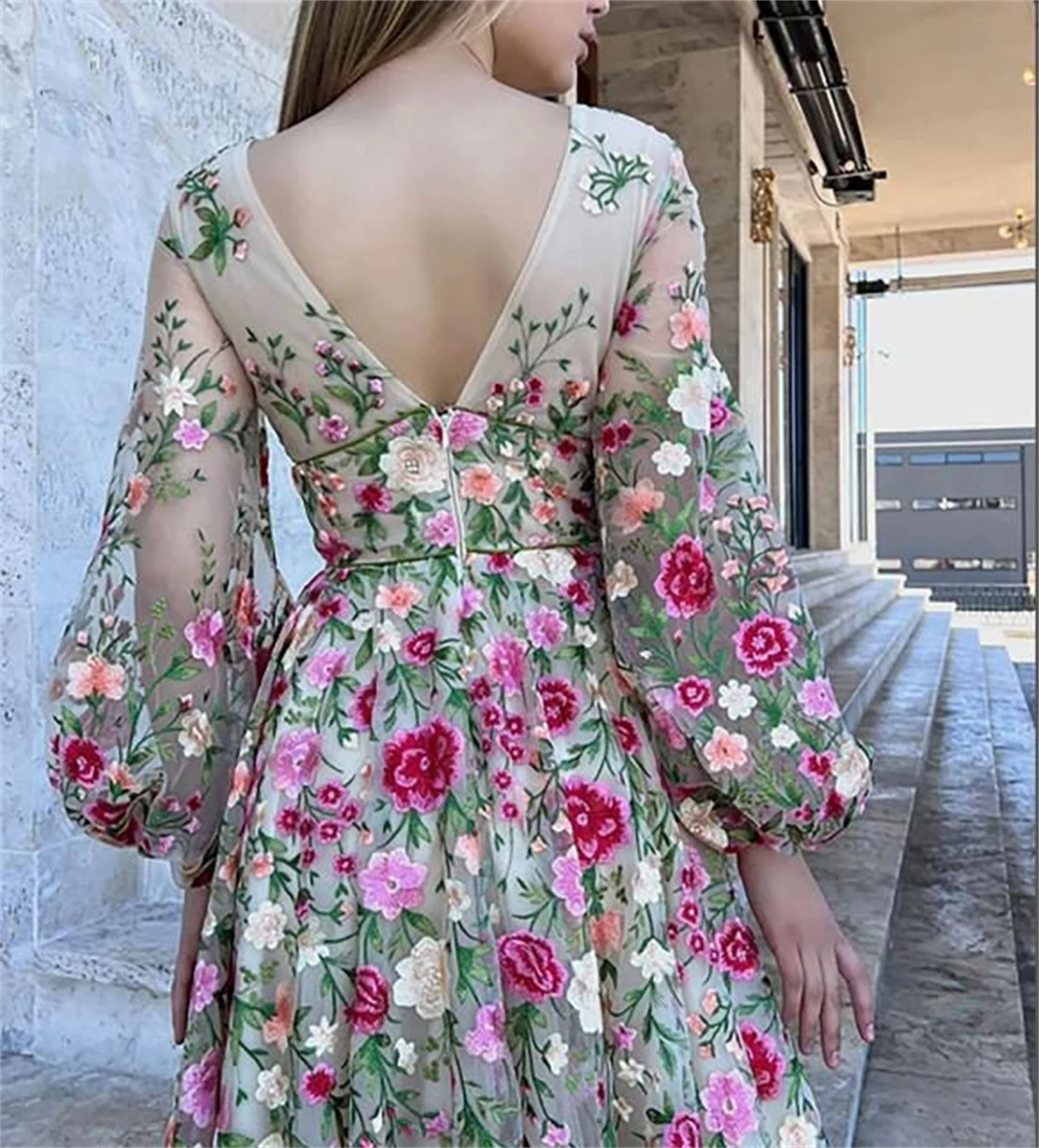 V-neck Embroidery Custom Made Puffy Sleeves 3D Flowers Elegant customized Party Dresses  for Wedding Women Evening Dress Long