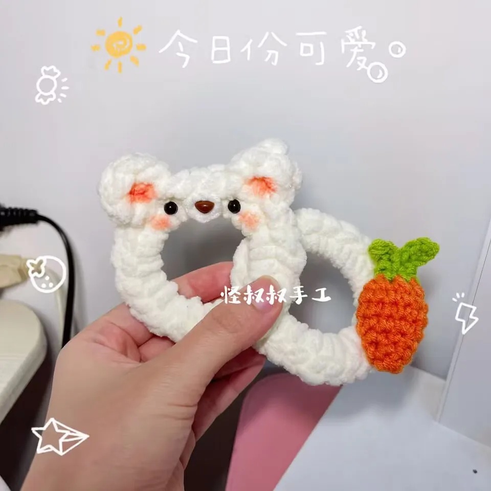 Rabbit ear handcrafted product,leather band,knitted wool,large intestine hair band,popular and cute cartoon bear couple headband