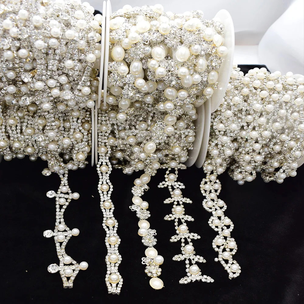 Multi Style Pearl And Diamond Series 1/5/10 Yard Crystal Chain For Sewing On Wedding Dress Shoe And Bag Decoration Diy Accessory