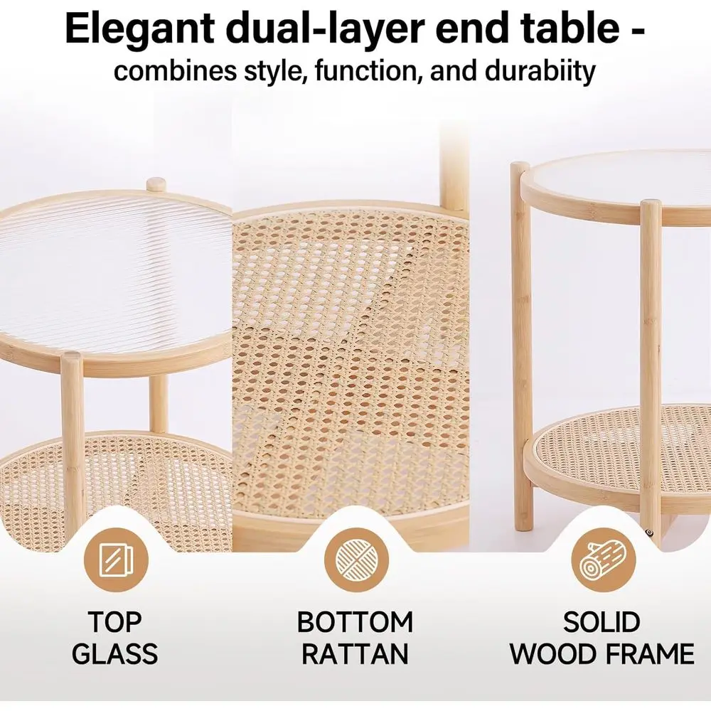 طاولة قهوة مستديرة حديثة من الخيزران، 19.7 طاولة جانبية صغيرة مع سطح زجاجي، مناسبة لمساحات المعيشة الداخلية والخارجية